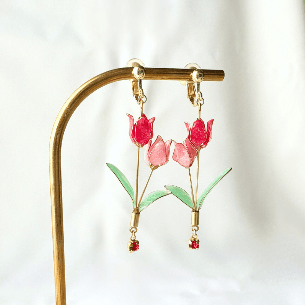 【チューリップ】イヤリング 赤とピンク 揺れる ニッケルフリー 金属アレルギー対応 受注生産 春の新作 | 9枚目